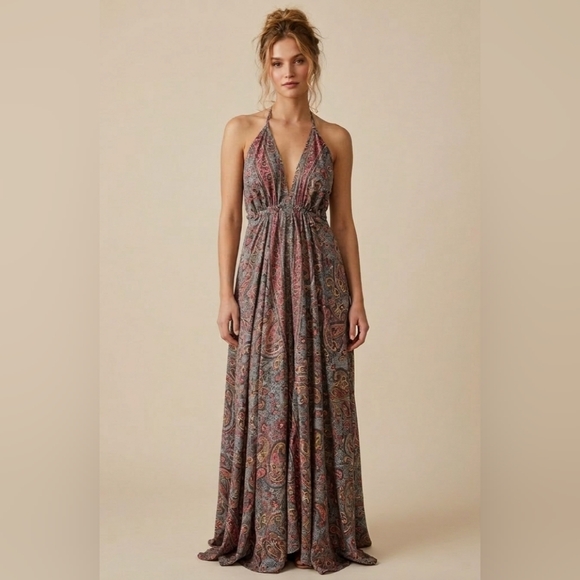 Corte Hindu Dresses & Skirts - CORTE HINDU Pink and Blue Flowy Paisley V-Neck Halter Open Back Maxi Dress